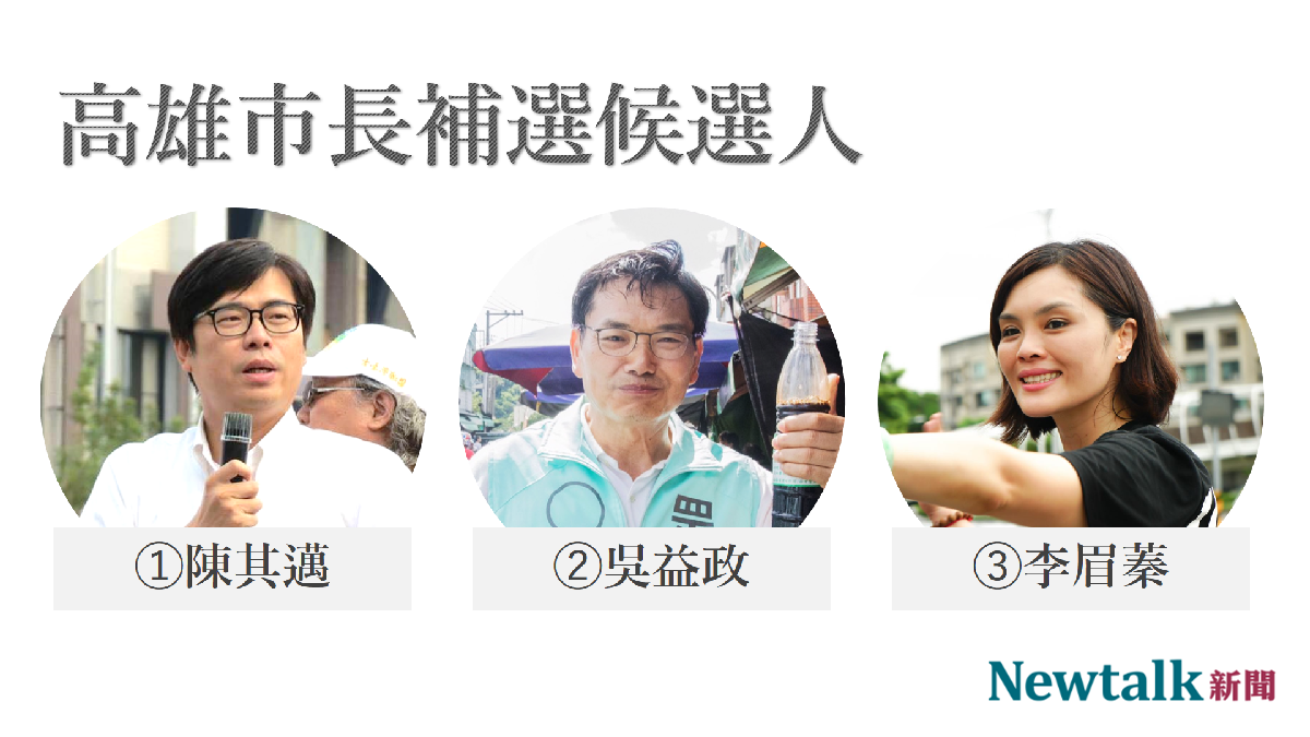 高雄市長補選候選人。 圖:新頭殼製(圖源:陳其邁、吳益政、李眉蓁臉書) 高雄市長補選候選人。 圖:新頭殼製(圖源:陳其邁、吳益政、李眉蓁臉書)