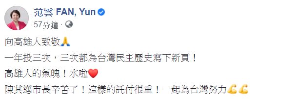 對於高雄市長補選結果,范雲表示,陳其邁辛苦了!這樣的託付很重!一起為台灣努力。 圖:翻攝自范雲臉書 對於高雄市長補選結果,范雲表示,陳其邁辛苦了!這樣的託付很重!一起為台灣努力。 圖:翻攝自范雲臉書