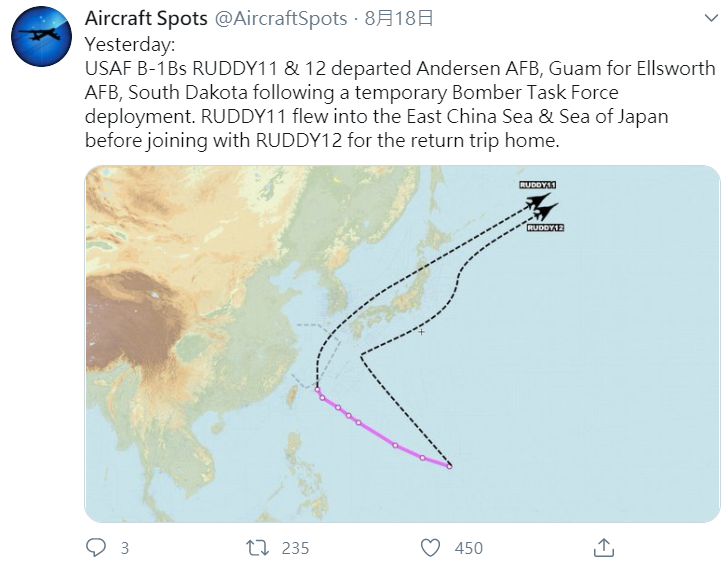 「飛機守望」推特發文,兩架稱號為「RUDDY11」和「RUDDY12」的美國空軍B-1B轟炸機於 (17) 日飛離美國關島安德森空軍基地,返回位於南達科他州的埃爾斯沃斯空軍基地。 圖取自Aircraft Spots推特。 「飛機守望」推特發文,兩架稱號為「RUDDY11」和「RUDDY12」的美國空軍B-1B轟炸機於 (17) 日飛離美國關島安德森空軍基地,返回位於南達科他州的埃爾斯沃斯空軍基地。 圖取自Aircraft Spots推特。