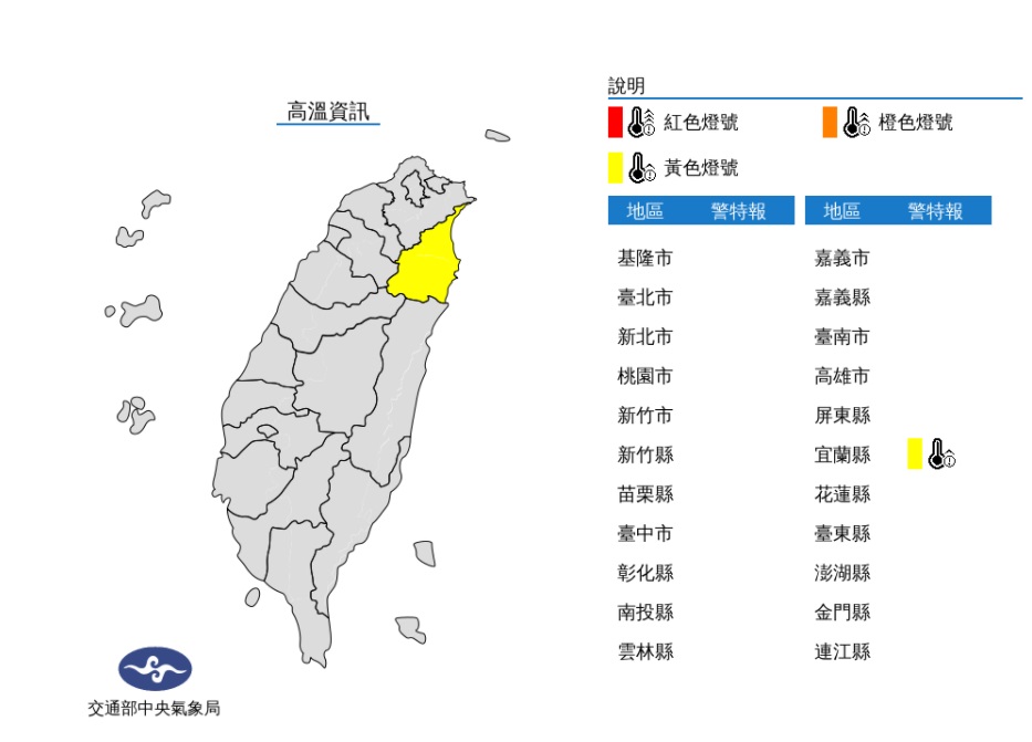 氣象局針對宜蘭縣發市高溫資訊。 圖/氣象局 氣象局針對宜蘭縣發市高溫資訊。 圖/氣象局