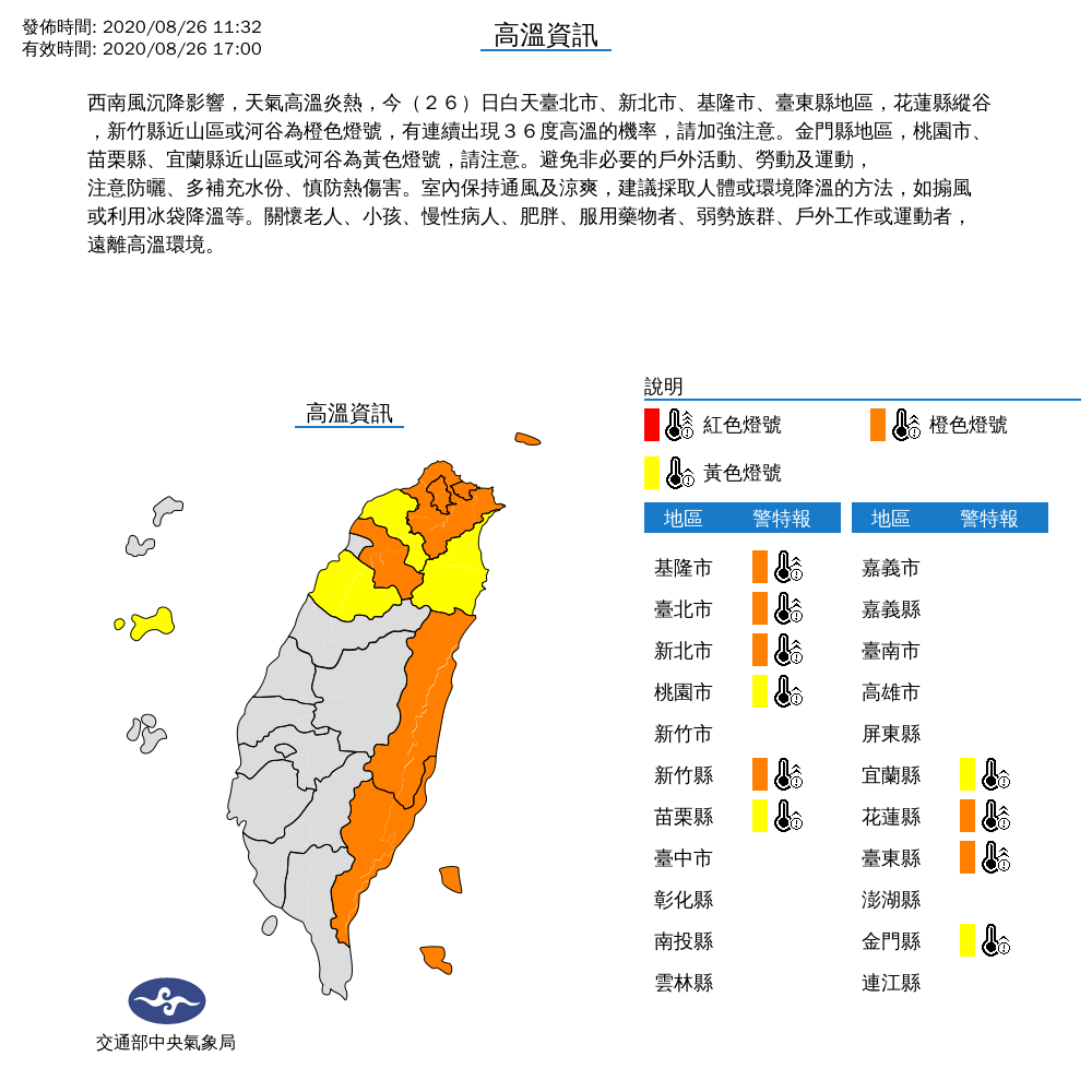 全台高溫分布。 圖:中央氣象局/提供 全台高溫分布。 圖:中央氣象局/提供
