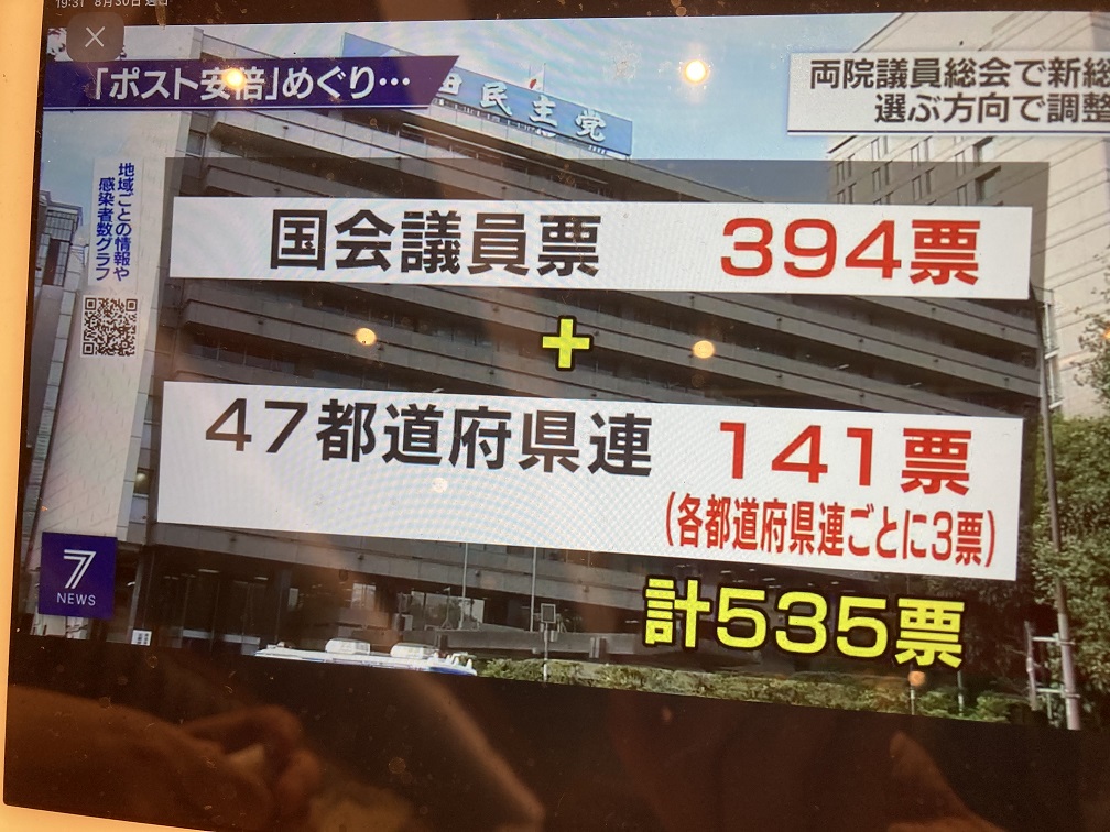 目前最可能採取無黨員投票,而由各地方黨部投三票及國會議員投票。 圖:攝自NHK30日新聞 目前最可能採取無黨員投票,而由各地方黨部投三票及國會議員投票。 圖:攝自NHK30日新聞