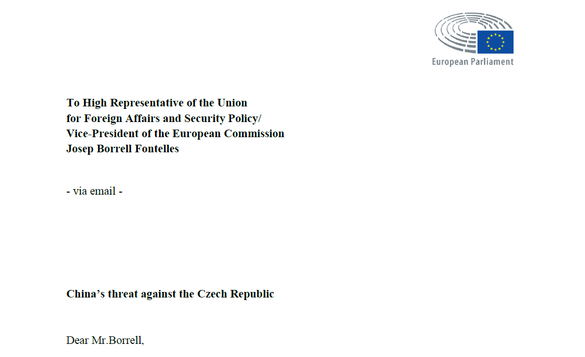 歐洲議會議員聯名致函呼籲歐盟(EU)外交和安全政策高級代表波瑞爾(Josep Borrell)表態力挺捷克。 圖:gregorova.eu 歐洲議會議員聯名致函呼籲歐盟(EU)外交和安全政策高級代表波瑞爾(Josep Borrell)表態力挺捷克。 圖:gregorova.eu