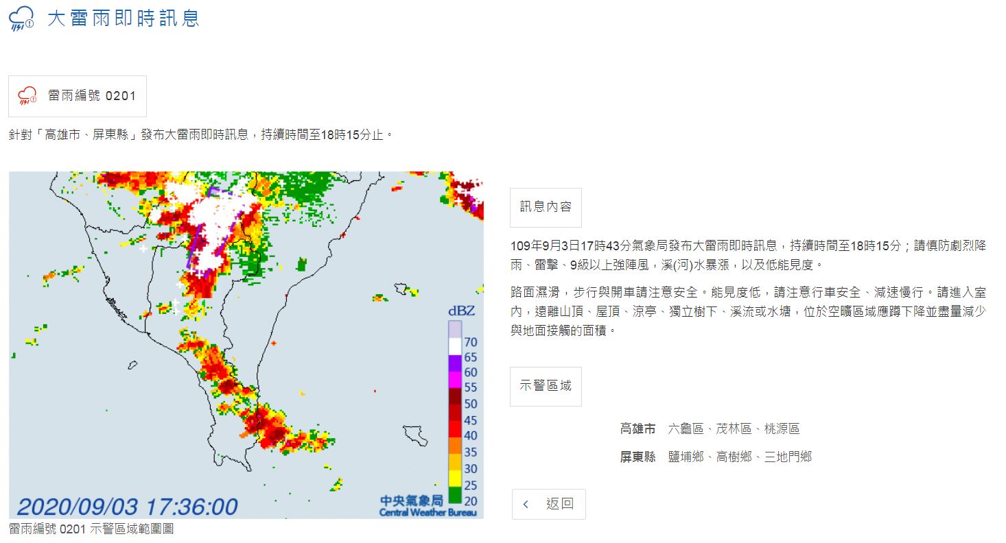 高雄市、屏東縣下班時有大雷雨情況發生。 圖:中央氣象局/提供 高雄市、屏東縣下班時有大雷雨情況發生。 圖:中央氣象局/提供