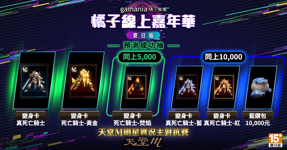 《天堂M》明星實況主對抗賽 預測成功加碼抽最大獎1萬元藍鑽包 圖:橘子集團/提供 《天堂M》明星實況主對抗賽 預測成功加碼抽最大獎1萬元藍鑽包 圖:橘子集團/提供