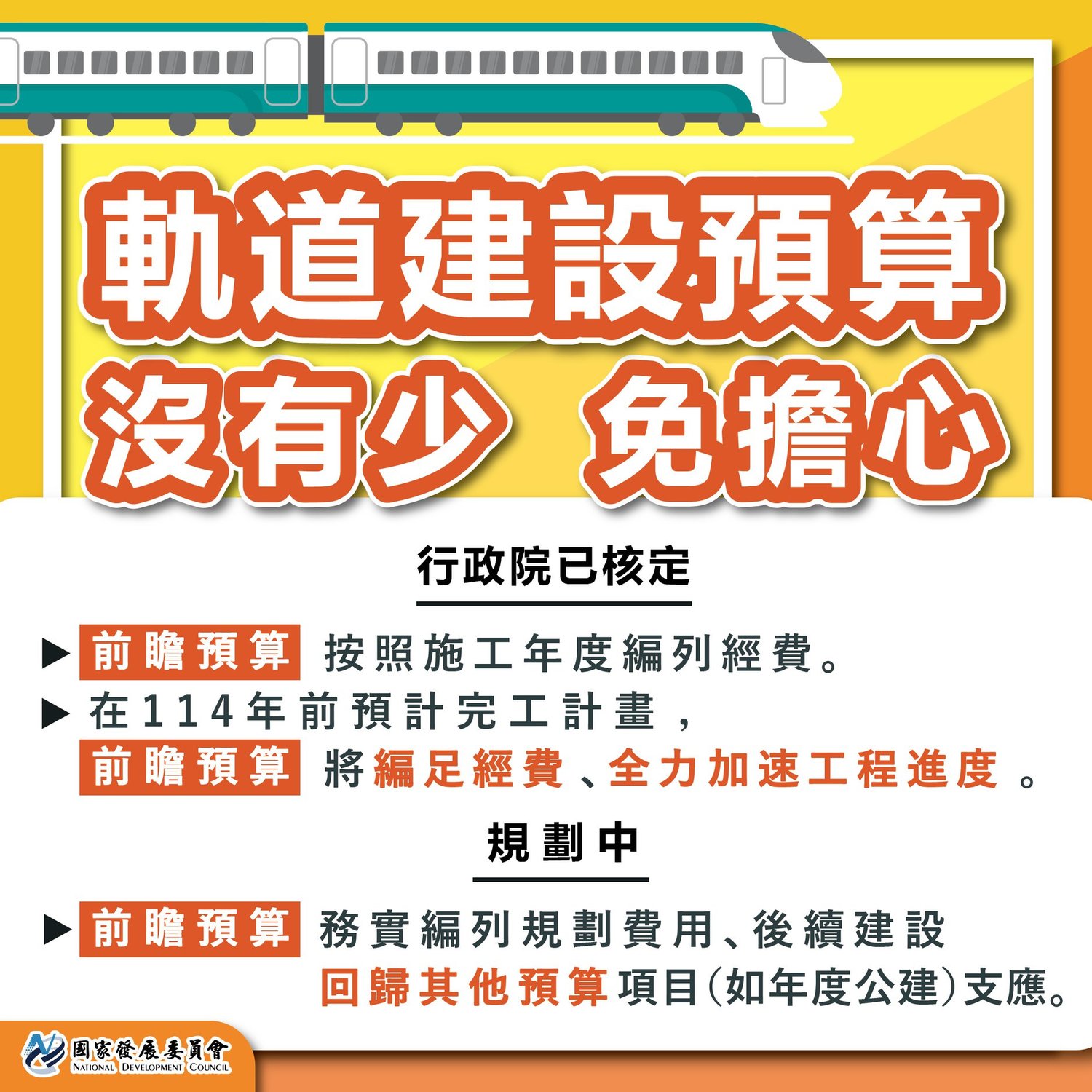 除了行政院長蘇貞昌掛保證外,國發會今(9)天也在臉書說明軌道建設預算沒有少、免擔心。 圖:擷自國發會臉書粉專 除了行政院長蘇貞昌掛保證外,國發會今(9)天也在臉書說明軌道建設預算沒有少、免擔心。 圖:擷自國發會臉書粉專