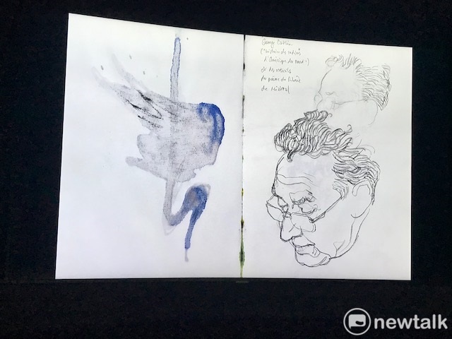 吉貝為《阿藍》系列漫畫準備的素描稿。 圖:蔡筱穎/攝 吉貝為《阿藍》系列漫畫準備的素描稿。 圖:蔡筱穎/攝