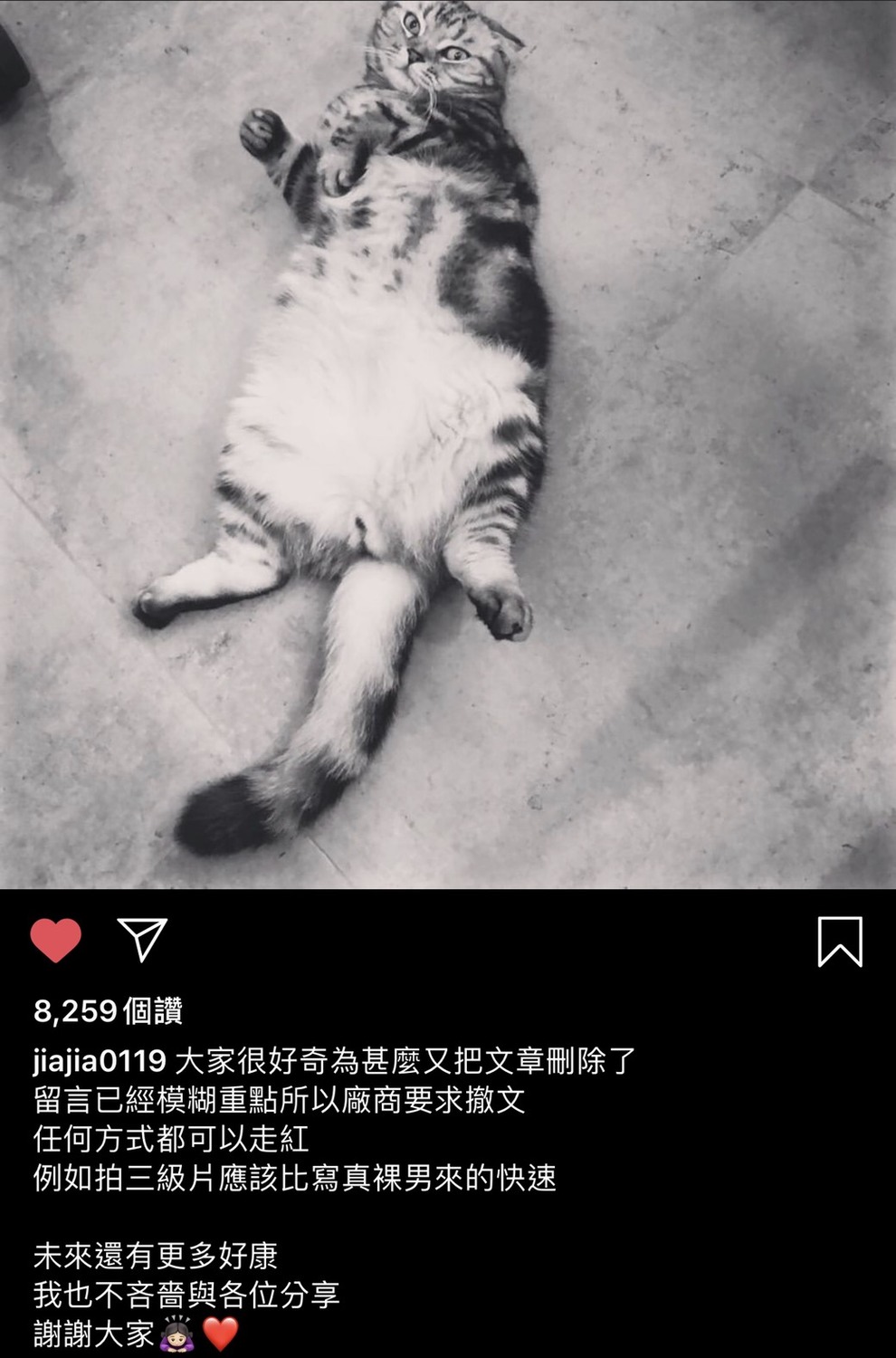 家家PO解釋自己火速刪除照片的原因,是因為網友的留言已經模糊焦點,應廠商要求將照片下架。 圖:翻攝Instagram 家家PO解釋自己火速刪除照片的原因,是因為網友的留言已經模糊焦點,應廠商要求將照片下架。 圖:翻攝Instagram