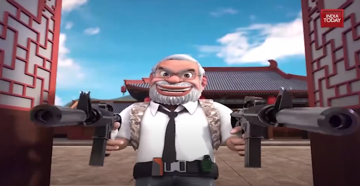 莫迪在卡通中持雙槍 圖:擷取自Youtube 莫迪在卡通中持雙槍 圖:擷取自Youtube
