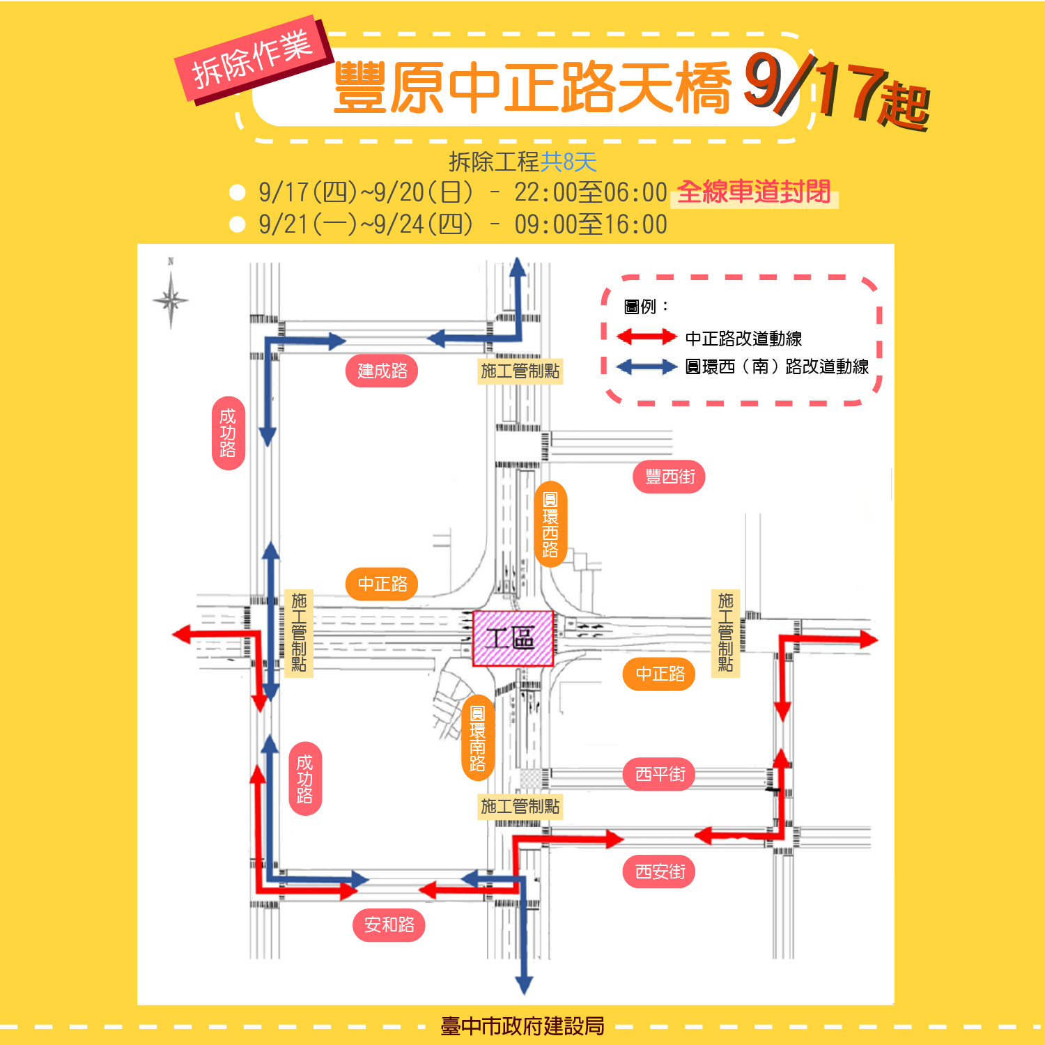 施工管制期間建議替代道路路線。 圖:台中市政府提供 施工管制期間建議替代道路路線。 圖:台中市政府提供