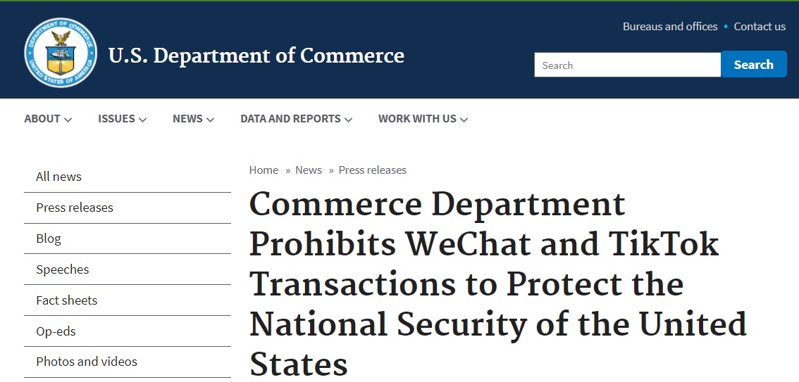 美國商務部長羅斯(Wilbur Ross)今天在官網發表聲明,指TikTok與WeChat這2款中國APP已構成國安威脅。 圖:翻攝自美國商務部官網 美國商務部長羅斯(Wilbur Ross)今天在官網發表聲明,指TikTok與WeChat這2款中國APP已構成國安威脅。 圖:翻攝自美國商務部官網