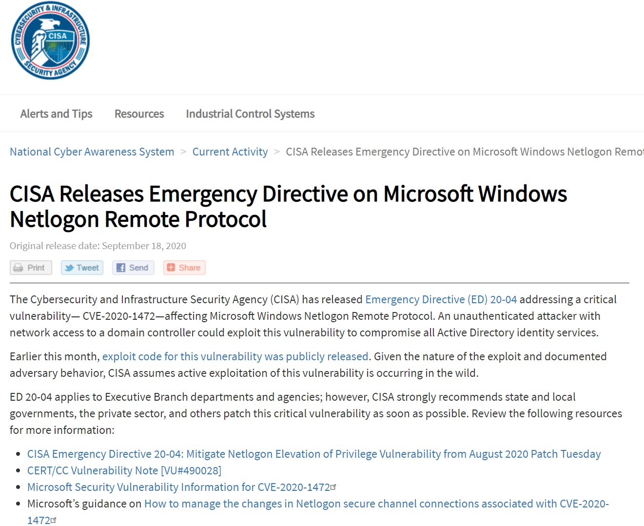 CISA警告政府各單位盡快修補微軟Windows Sever內的漏洞。 圖:取自官網 CISA警告政府各單位盡快修補微軟Windows Sever內的漏洞。 圖:取自官網