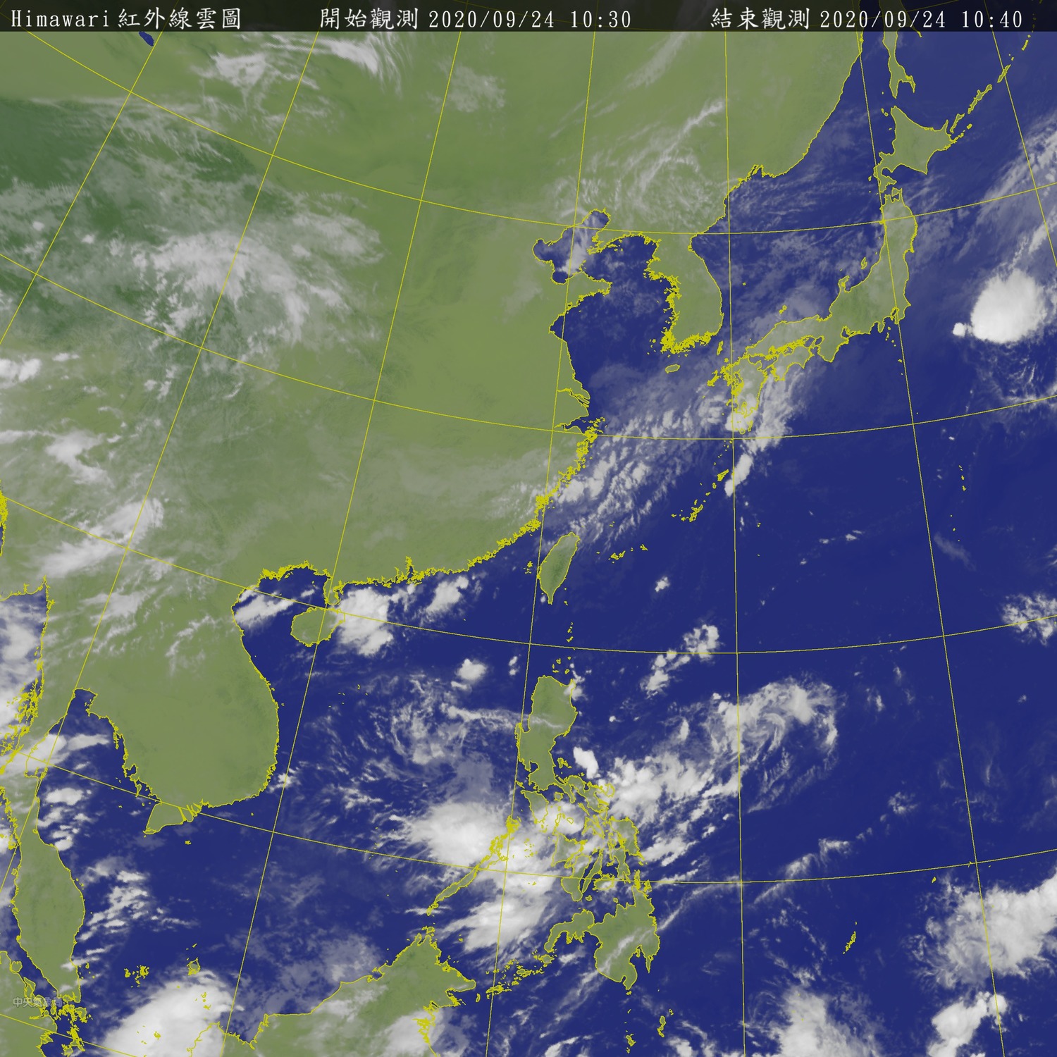 從衛星雲圖上可見,台灣上空附近的雲系仍是頗多。 圖:中央氣象局/提供 從衛星雲圖上可見,台灣上空附近的雲系仍是頗多。 圖:中央氣象局/提供
