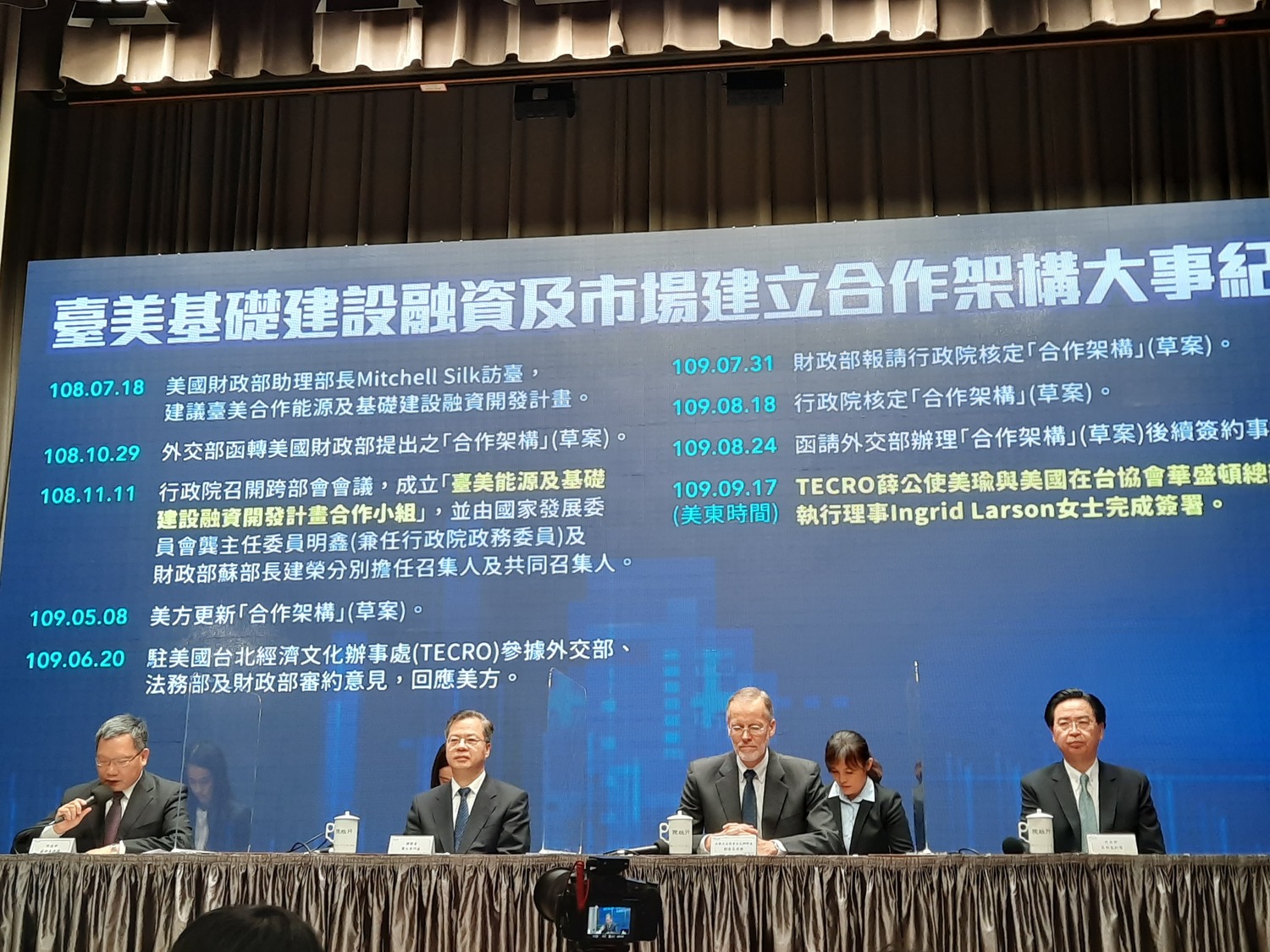 台美日前簽署「台美基礎建設融資及市場建立合作架構」,以強化台美在印太戰略基礎建設合作。 圖:陳佩君/攝 台美日前簽署「台美基礎建設融資及市場建立合作架構」,以強化台美在印太戰略基礎建設合作。 圖:陳佩君/攝