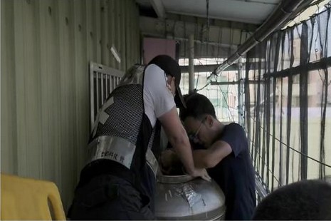 救護人員搶救受困在水塔內的老夫妻。 圖:翻攝自網路 救護人員搶救受困在水塔內的老夫妻。 圖:翻攝自網路