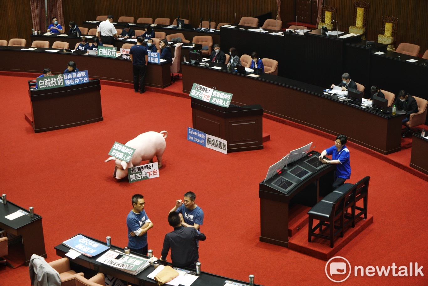 國民黨立委為抗議開放含萊克多巴胺美豬進口,今再度霸佔官員席和備詢台,造成議事停擺。 圖:張良一/攝 國民黨立委為抗議開放含萊克多巴胺美豬進口,今再度霸佔官員席和備詢台,造成議事停擺。 圖:張良一/攝