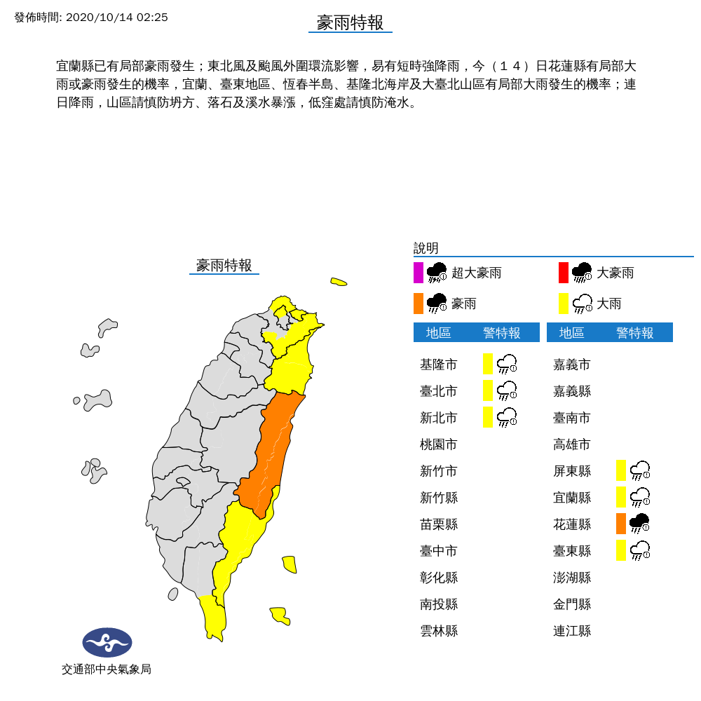 北北基宜 東部7縣市大雨警報 台南北以注意強風