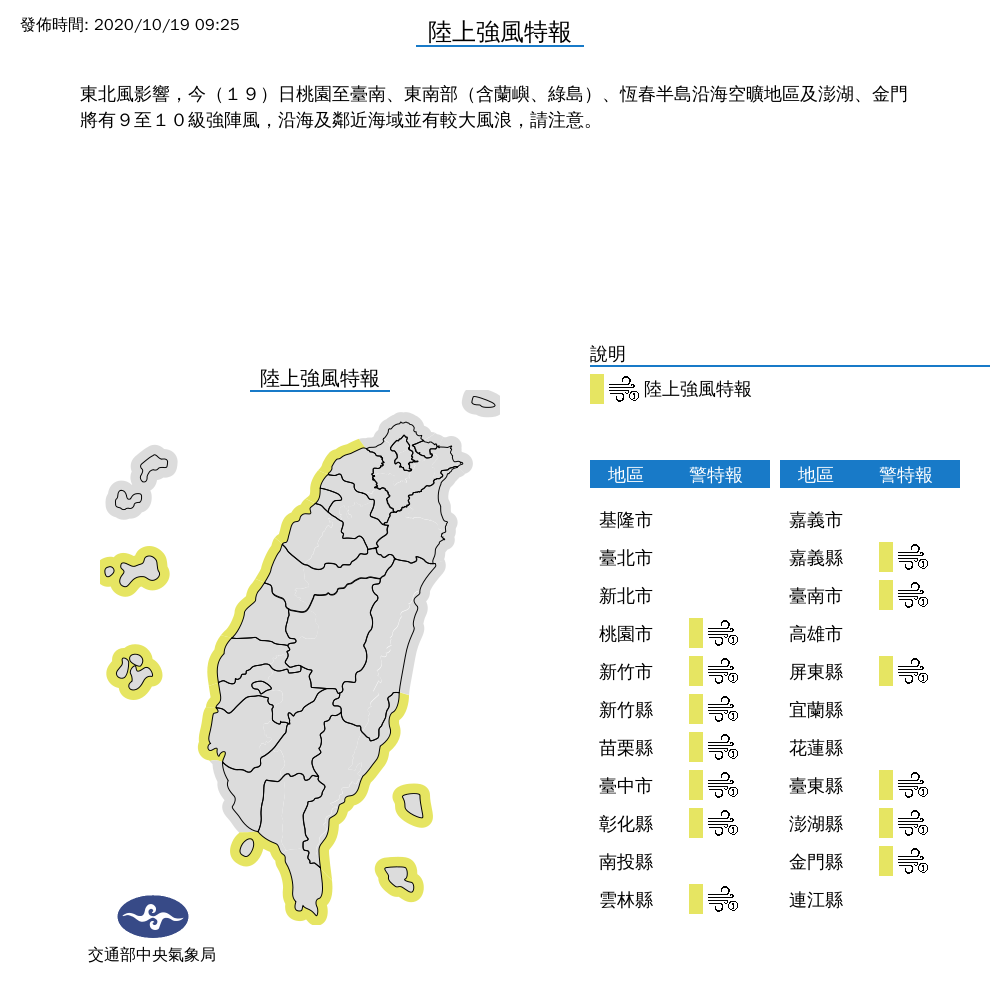 因熱帶性低氣壓加上東北風影響,氣象局針對13縣市發佈陸上強風特報,請沿海地區民眾慎防長浪發生。 圖:中央氣象局/提供 因熱帶性低氣壓加上東北風影響,氣象局針對13縣市發佈陸上強風特報,請沿海地區民眾慎防長浪發生。 圖:中央氣象局/提供