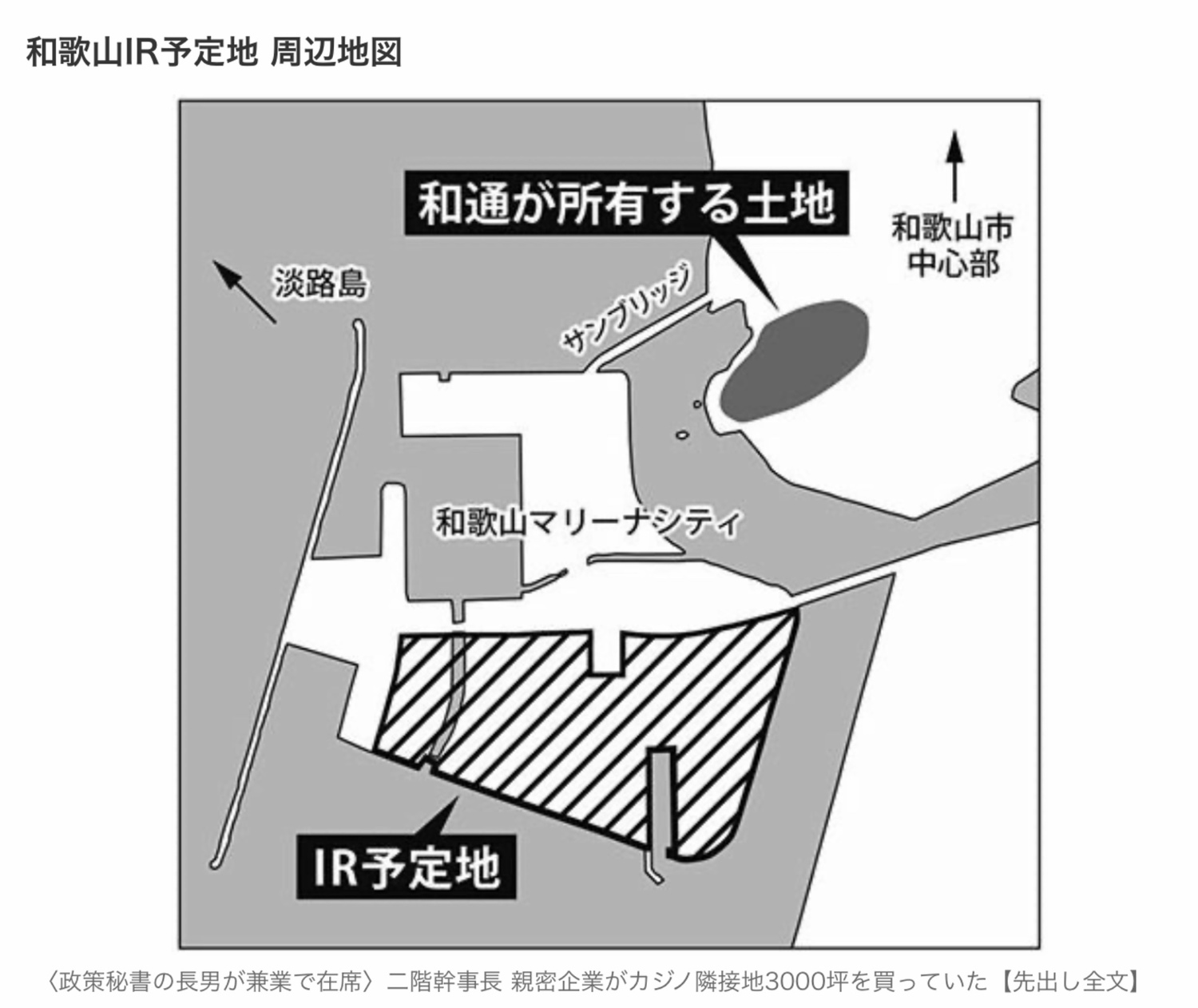 週刊文春報導指出,二階家族相關企業和通買下賭場預定地3000坪,未來預定可以上漲10倍以上。 圖:翻拍自週刊文春 週刊文春報導指出,二階家族相關企業和通買下賭場預定地3000坪,未來預定可以上漲10倍以上。 圖:翻拍自週刊文春