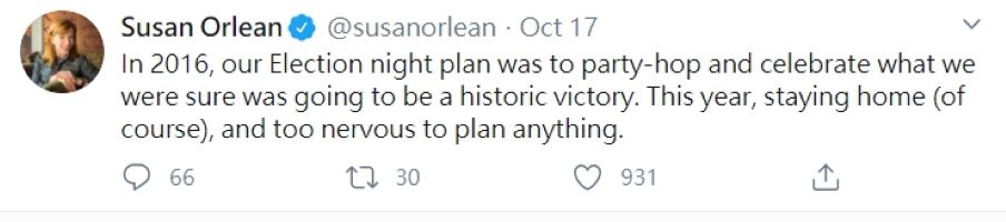 民主黨支持者作家奧爾良 (Susan Orlean)表示2016年的希拉蕊敗選對他們造成陰影。 圖 : 取自推特。 民主黨支持者作家奧爾良 (Susan Orlean)表示2016年的希拉蕊敗選對他們造成陰影。 圖 : 取自推特。