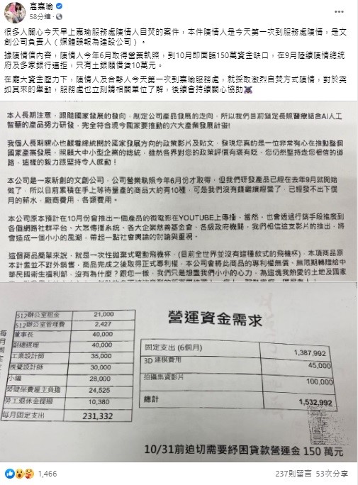高嘉瑜稍早在臉書上表示,很多人關心今天早上服務處陳情人自焚的案件,本件陳情人是今天第一次到服務處陳情,是文創公司負責人,他在龐大資金壓力下,今天第一次到服務處就採取激烈自焚方式陳情,服務處會立刻請相關單位了解,也會持續關心後續給予協助。 圖:翻攝自高嘉瑜臉書 高嘉瑜稍早在臉書上表示,很多人關心今天早上服務處陳情人自焚的案件,本件陳情人是今天第一次到服務處陳情,是文創公司負責人,他在龐大資金壓力下,今天第一次到服務處就採取激烈自焚方式陳情,服務處會立刻請相關單位了解,也會持續關心後續給予協助。 圖:翻攝自高嘉瑜臉書