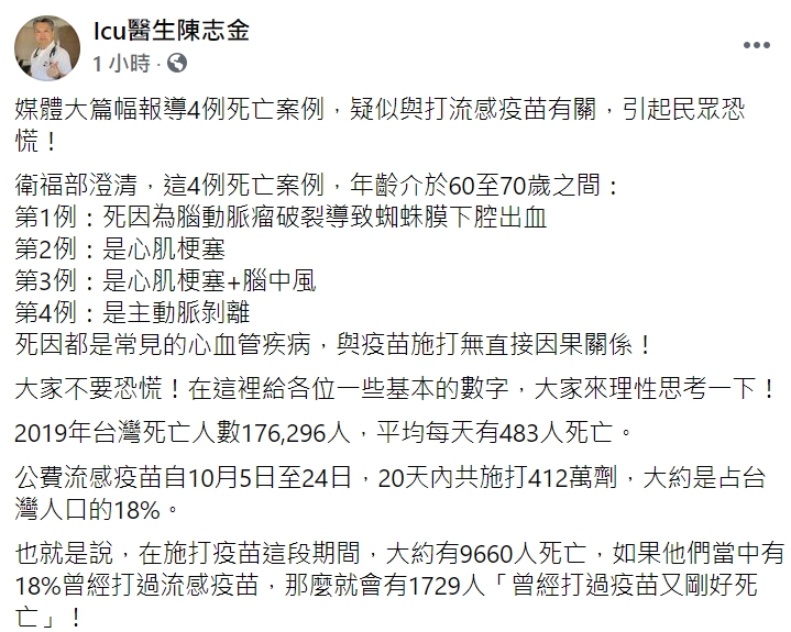 陳志金回嗆吳宗憲「別把任何不適,都跟疫苗扯上關係好嗎?」 圖 : 翻攝自Icu醫生陳志金 臉書 陳志金回嗆吳宗憲「別把任何不適,都跟疫苗扯上關係好嗎?」 圖 : 翻攝自Icu醫生陳志金 臉書