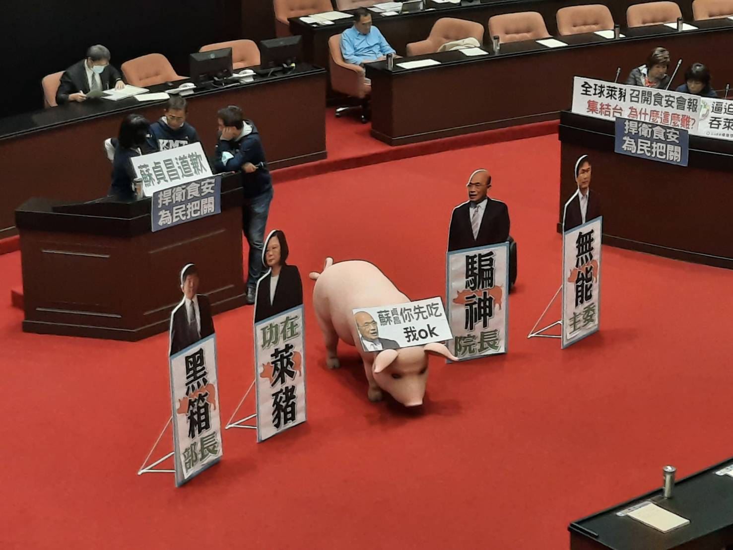 藍委於議場擺著立牌及豬道具抗議。 圖:陳佩君/攝 藍委於議場擺著立牌及豬道具抗議。 圖:陳佩君/攝