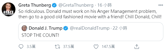瑞典環保少女童貝里(Greta Thunberg)反酸川普冷靜。 圖 : 翻攝自Greta Thunberg推特 瑞典環保少女童貝里(Greta Thunberg)反酸川普冷靜。 圖 : 翻攝自Greta Thunberg推特