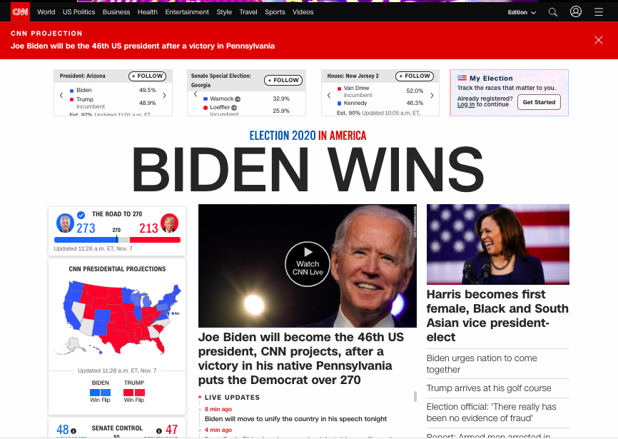 CNN：拜登贏得關鍵賓州20票 突破門檻「當選美國總統」