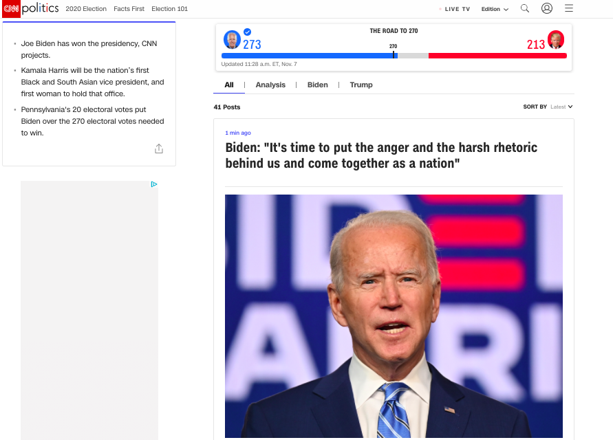CNN：拜登贏得關鍵賓州20票 突破門檻「當選美國總統」