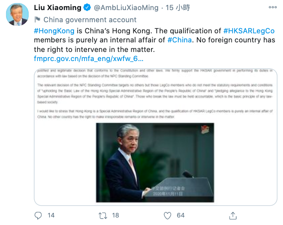 港民主派4議員遭撤職 英國召中國大使關切 劉曉明推特忙解釋