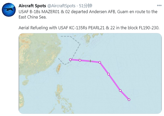《飛機守望》今天發佈消息稱,當天兩架美軍的B-1B戰略轟炸機從關島安德森空軍基地起飛,一路向西北方向飛行進入東海上空。 圖 : 翻攝自《飛機守望》 《飛機守望》今天發佈消息稱,當天兩架美軍的B-1B戰略轟炸機從關島安德森空軍基地起飛,一路向西北方向飛行進入東海上空。 圖 : 翻攝自《飛機守望》