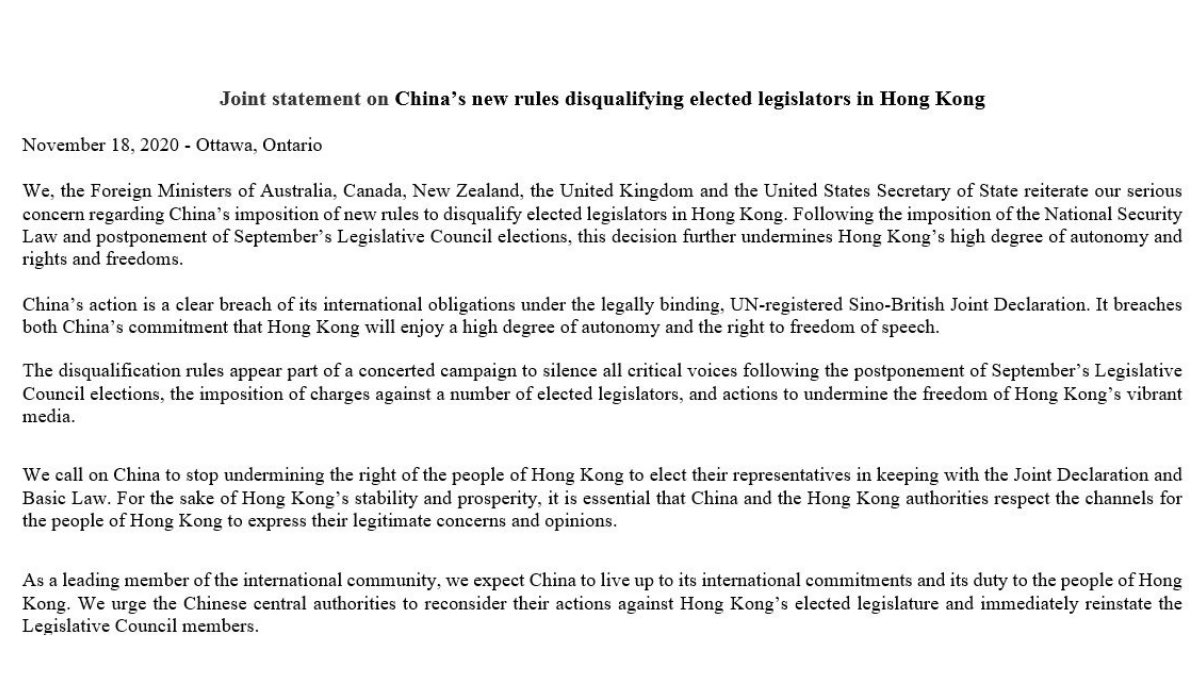 五眼聯盟外長發表聯合聲明,敦促中國為了香港繁榮,儘快讓被取消資格的議員復職, 圖:翻攝自商鵬飛推特 五眼聯盟外長發表聯合聲明,敦促中國為了香港繁榮,儘快讓被取消資格的議員復職, 圖:翻攝自商鵬飛推特