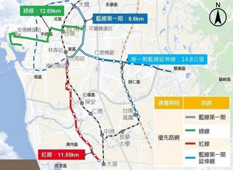 台南市捷運優先路網示意圖。 圖:台南市交通局/提供 台南市捷運優先路網示意圖。 圖:台南市交通局/提供