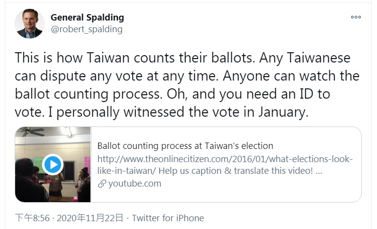 哈德遜研究所高級研究員斯伯丁分享台灣選舉的開票過程,表示自己在今年1月親自見證,網友反應熱烈。 圖:翻攝自斯伯丁推特 哈德遜研究所高級研究員斯伯丁分享台灣選舉的開票過程,表示自己在今年1月親自見證,網友反應熱烈。 圖:翻攝自斯伯丁推特
