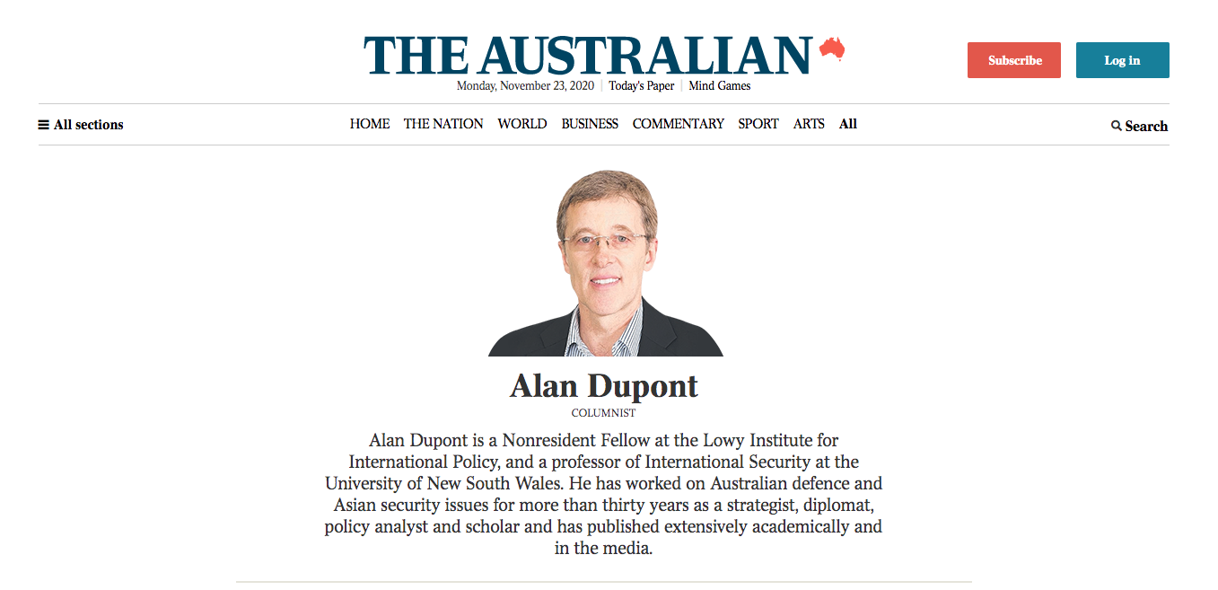 澳洲國際安全專家杜邦(Alan Dupont),自2016年以來一直擔任Cognoscenti澳洲政治風險諮詢公司的首席執行長。 圖:翻攝《澳洲人報》(The Australian)網站 澳洲國際安全專家杜邦(Alan Dupont),自2016年以來一直擔任Cognoscenti澳洲政治風險諮詢公司的首席執行長。 圖:翻攝《澳洲人報》(The Australian)網站
