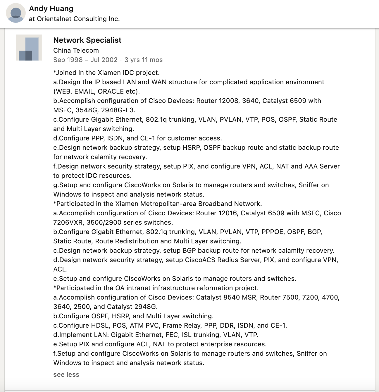 Dominion資訊科技部經理安迪(Andy Huang)LinkedIn的履歷顯示,1998年至2002年期間任職於中國電信。 圖:翻攝《國家脈動》 Dominion資訊科技部經理安迪(Andy Huang)LinkedIn的履歷顯示,1998年至2002年期間任職於中國電信。 圖:翻攝《國家脈動》