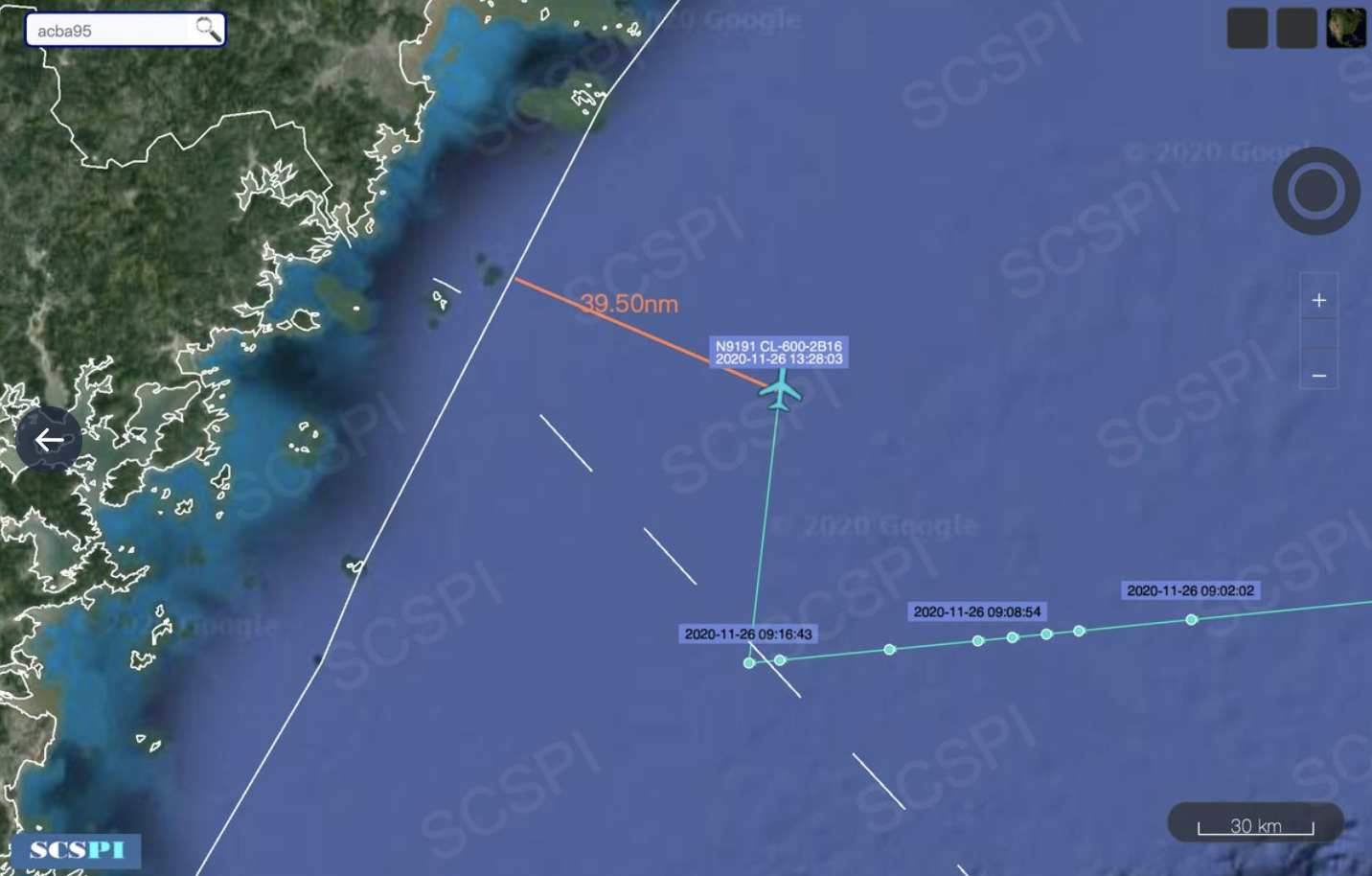 美國Tenax公司一架CL-604飛機，穿越台灣北部、行經中國東海空域進行偵察，與中國領海基線距離最近約73公里。   圖：翻攝SCSPI推特(photo:NewTalk)