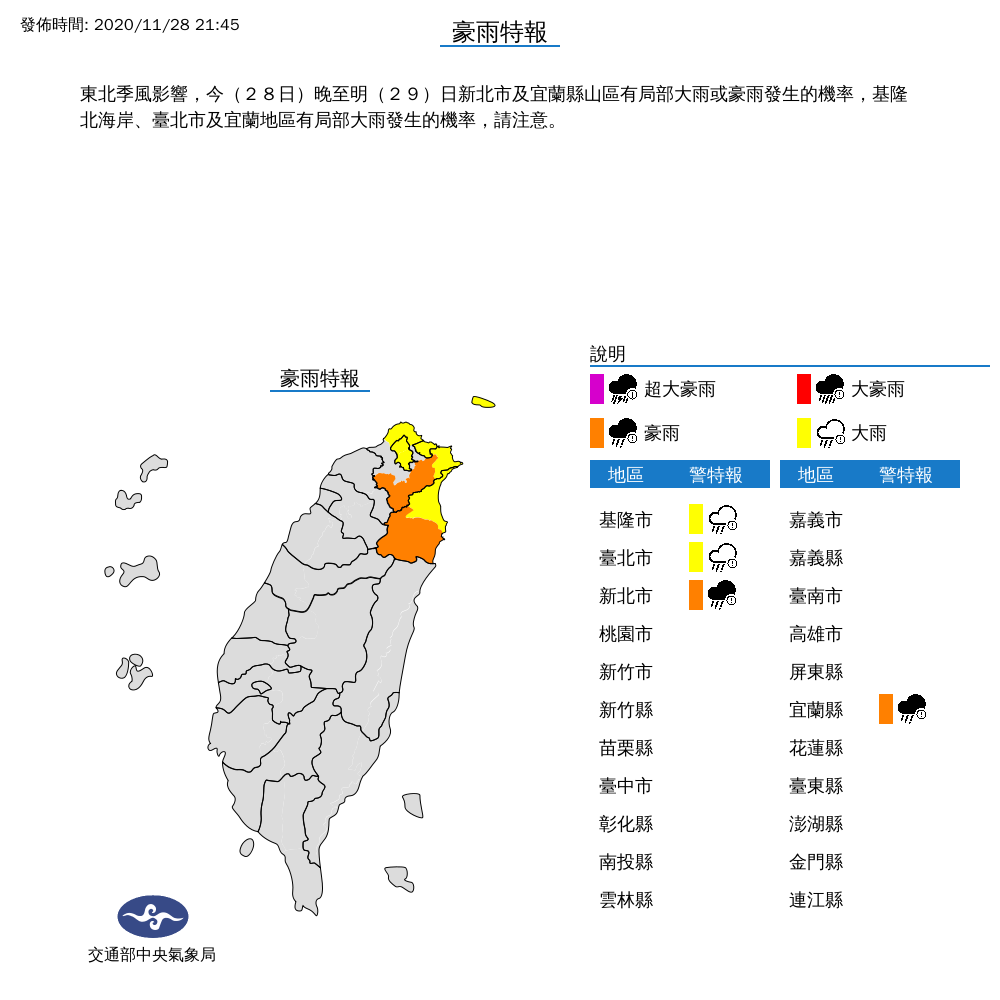 氣象局針對4縣市發布大雨特報,新北市、宜蘭縣為豪雨等級,基隆市、台北市則是大雨。 圖:中央氣象局/提供 氣象局針對4縣市發布大雨特報,新北市、宜蘭縣為豪雨等級,基隆市、台北市則是大雨。 圖:中央氣象局/提供