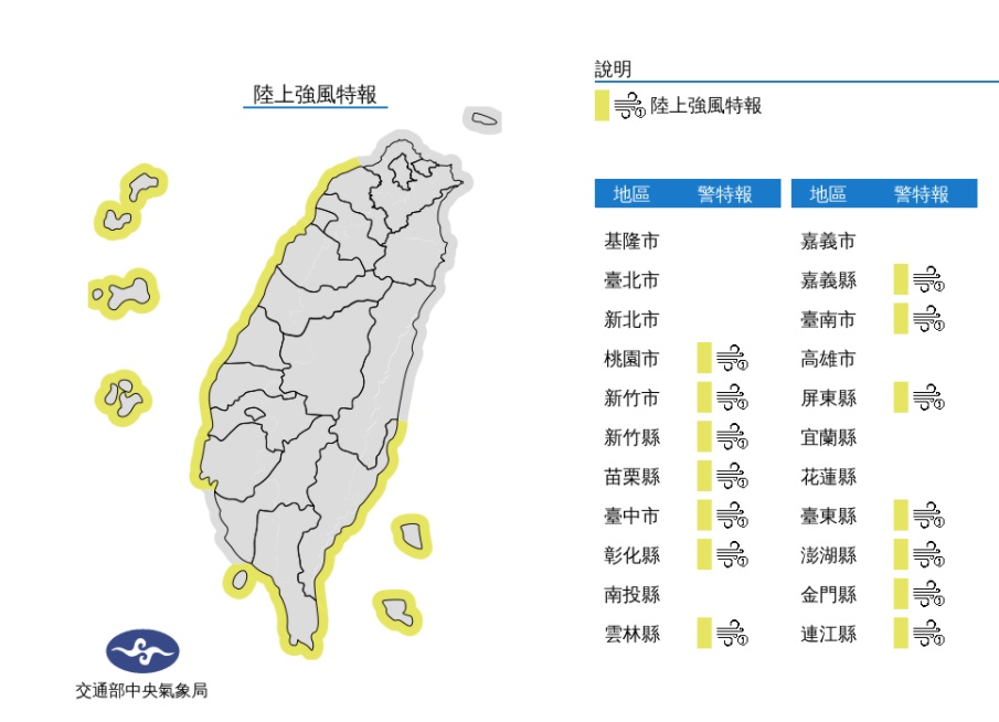 沿海14縣市陸上強風特報 沿海14縣市陸上強風特報