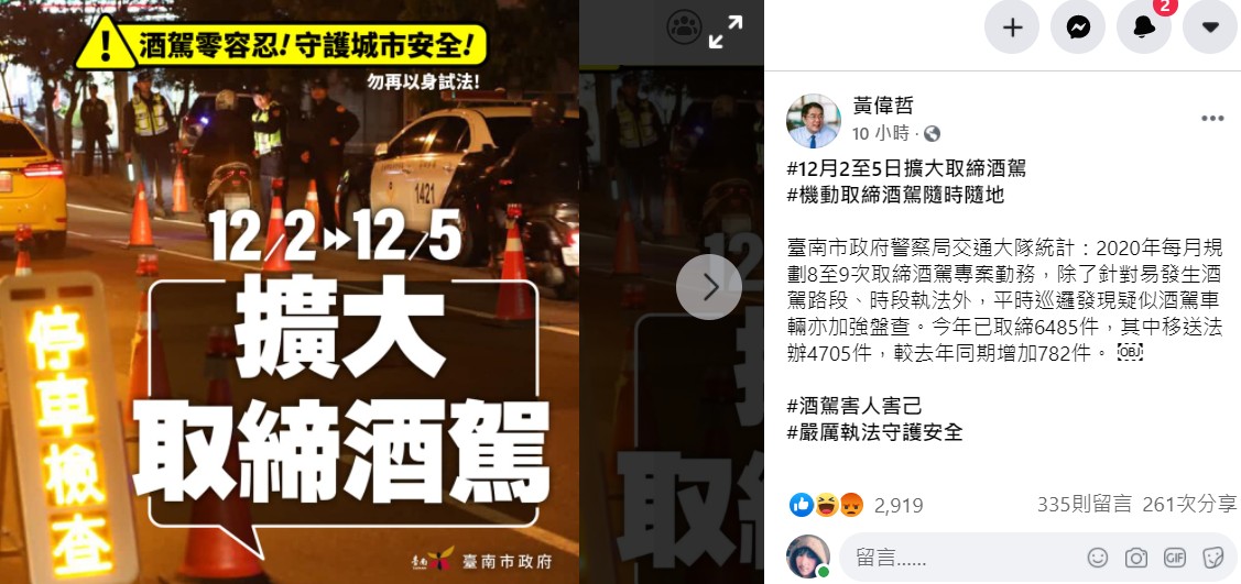 護理師遭醉撞命危 黃偉哲公告擴大取締挨批「作秀」臉書被灌爆洗版