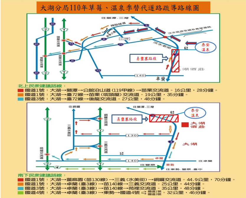 苗栗大湖、大安區假日替代疏導道路線圖。 圖:翻攝自大湖警察分局臉書 苗栗大湖、大安區假日替代疏導道路線圖。 圖:翻攝自大湖警察分局臉書