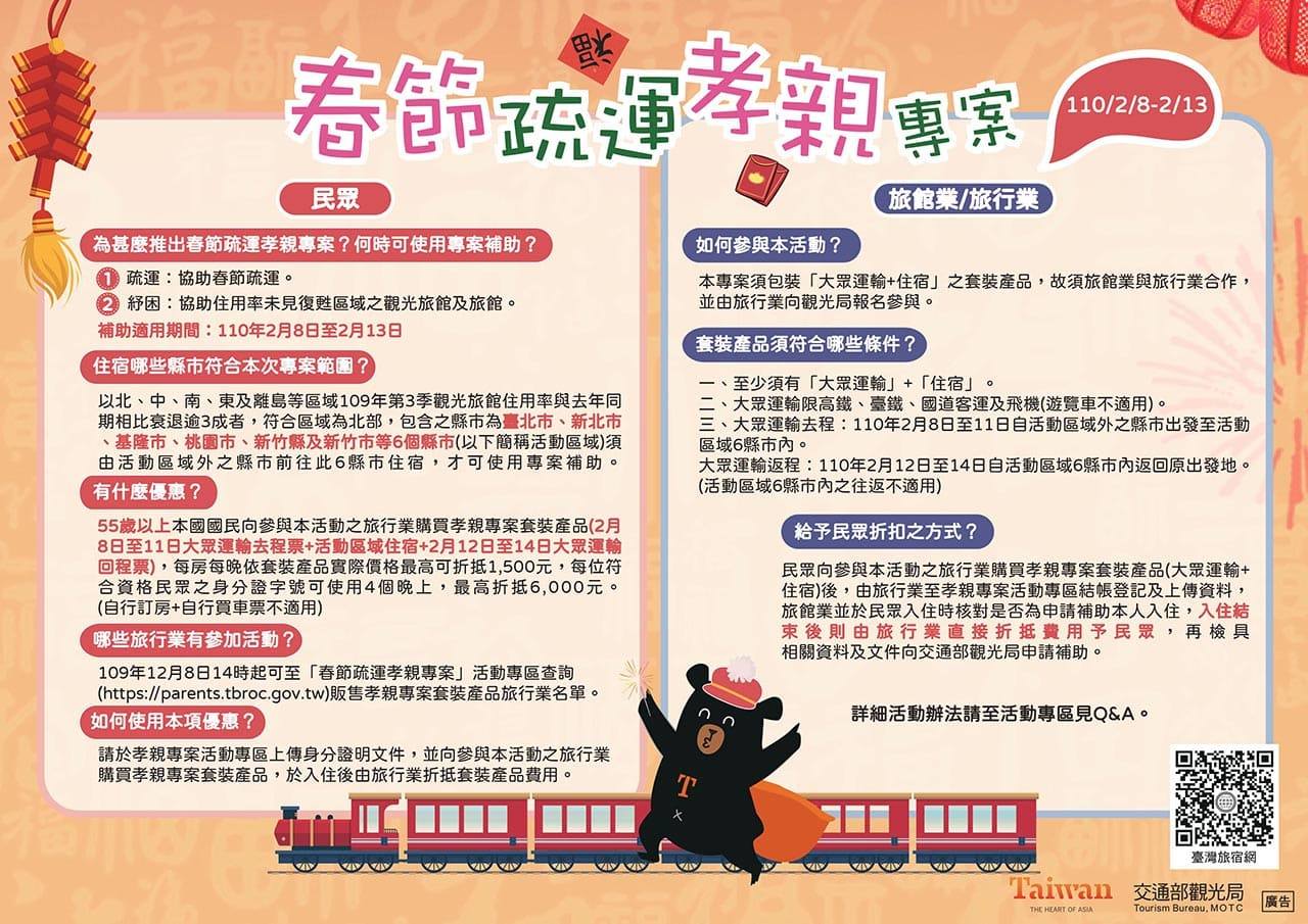 春節孝親專案於8日開跑,卻被業者抱怨限制太多,門檻很高。 圖:翻攝自交通部觀光局臉書 春節孝親專案於8日開跑,卻被業者抱怨限制太多,門檻很高。 圖:翻攝自交通部觀光局臉書
