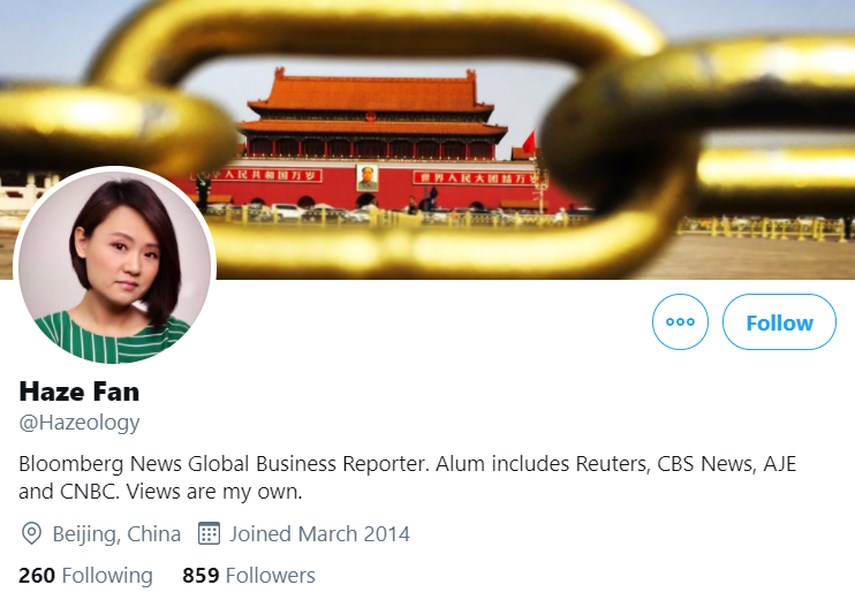 彭博通讯社（Bloomberg News）北京新闻办公室女记者范若伊（Haze Fan）被捕。   图:翻摄自范若伊推特。(photo:NewTalk)