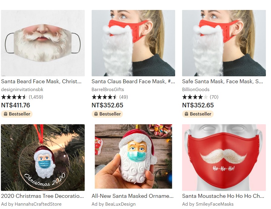因为中国武汉肺炎疫情，又逢耶诞佳节，许多商店推出耶诞老公公口罩，售价不菲。   图：翻摄自Etsy网路商店(photo:NewTalk)