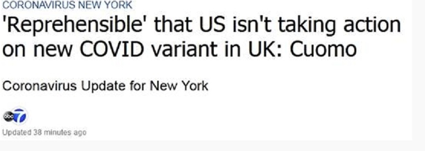 英國出現新冠肺炎病毒新變種，倫敦封城，許多國家開始禁止應國的航班，但美國政府卻沒有任何動作，讓紐約州州長古莫痛罵，川普政府甚麼也沒做。   圖 : 翻攝自推特