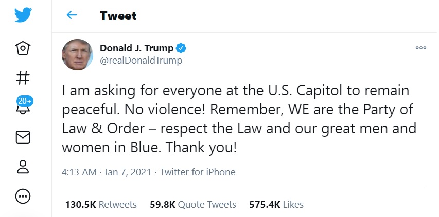 許多美國人民不接受這次大選結果,甚至闖入國會。川普稍早推文呼籲他們保持冷靜、和平。 圖:川普推特 許多美國人民不接受這次大選結果,甚至闖入國會。川普稍早推文呼籲他們保持冷靜、和平。 圖:川普推特