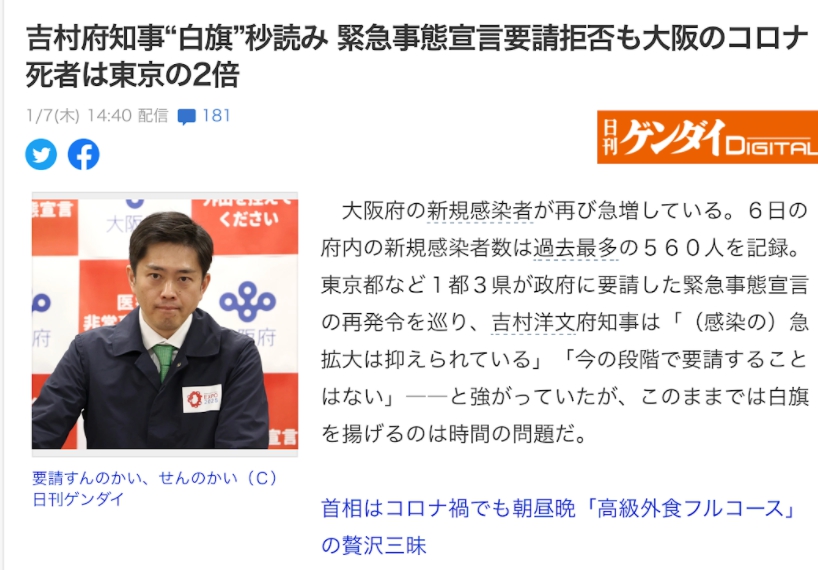 大阪的新冠死比率是東京兩倍,卻拒絕成為緊急事態宣言對象,國民無法理解。 圖 : 攝自日刊現代 大阪的新冠死比率是東京兩倍,卻拒絕成為緊急事態宣言對象,國民無法理解。 圖 : 攝自日刊現代