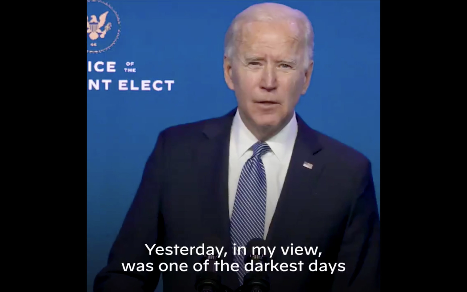 美國總統當選人拜登(Joe Biden)7日於德瓦拉州的活動發表談話稱,川普支持者6日闖入國會大廈是美國史上最黑暗的一天。 圖:翻攝@JoeBiden推特 美國總統當選人拜登(Joe Biden)7日於德瓦拉州的活動發表談話稱,川普支持者6日闖入國會大廈是美國史上最黑暗的一天。 圖:翻攝@JoeBiden推特