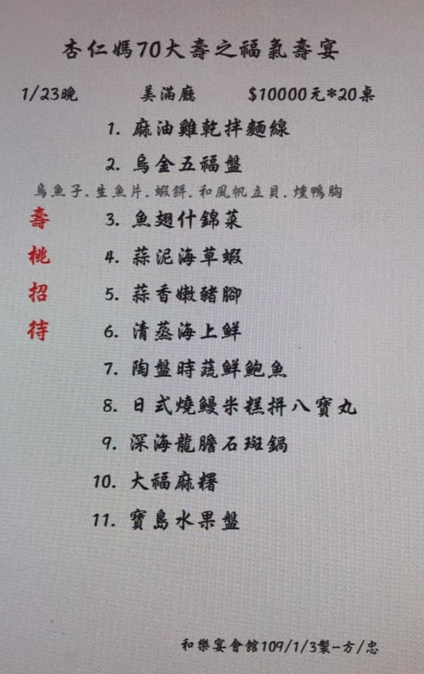 祝壽桌菜菜單曝光 圖:擷取自臉書 祝壽桌菜菜單曝光 圖:擷取自臉書